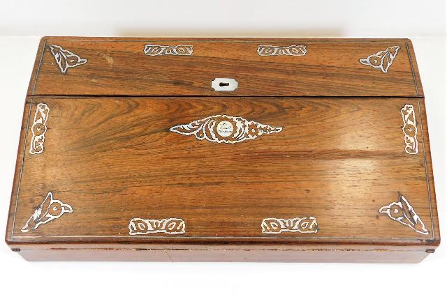 An early 19thC. rosewood & mother of pearl ladies writing slope with Miss Elizabeth Wardman inscribe