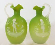 A pair of lime coloured satin glass Mary Gregory j