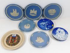 Seven Christmas plates Wedgwood (5), Royal Copenhagen & one Hornsea twinned with three Royal Copenha