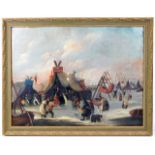 A 19thC. oil depicting fairs set up on the frozen
