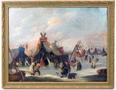 A 19thC. oil depicting fairs set up on the frozen