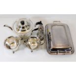 A silver plated tureen, a three piece silver tea s