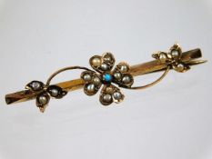 A 9ct gold bar brooch set with pearl & turquoise 2
