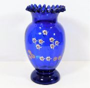 A Victorian Bristol blue glass vase with crimped r