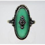 A 9ct gold & silver ring set with jade & marcasite