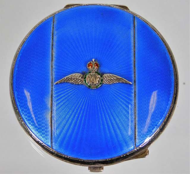 A silver & guilloche compact with silver RAF badge