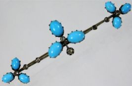 A white metal mounted bar brooch set with natural turquoise & diamonds 8.3g