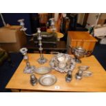 A 19thC. silver plated candelabra & other silver plated wares A/F twinned with four decanters A/F