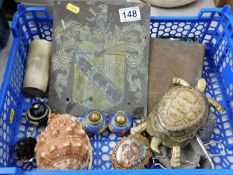Three printing plates & a quantity of sundry items including a pair of cloisonne peppers