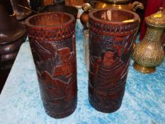 A pair of large Japanese bamboo brush pots