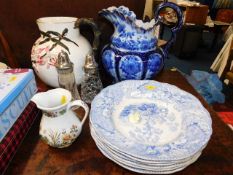 A floral Victorian jug, a blue & white wash jug &