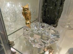 A modern Daum crystal dish with gilt owl 4.75in hi