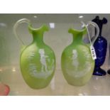 A pair of lime coloured satin glass Mary Gregory j