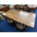 An elm trestle table & four ladderback chairs 66in x 33in