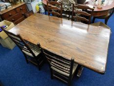 An elm trestle table & four ladderback chairs 66in x 33in