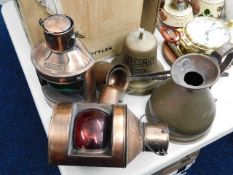 A copper quart measure, a port & starboard lamps s