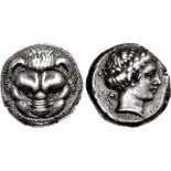 BRUTTIUM, Rhegion. Circa 415/0-387 BC. AR Tetradrachm (22.5mm, 17.34 g, 2h). Dies by “the Master