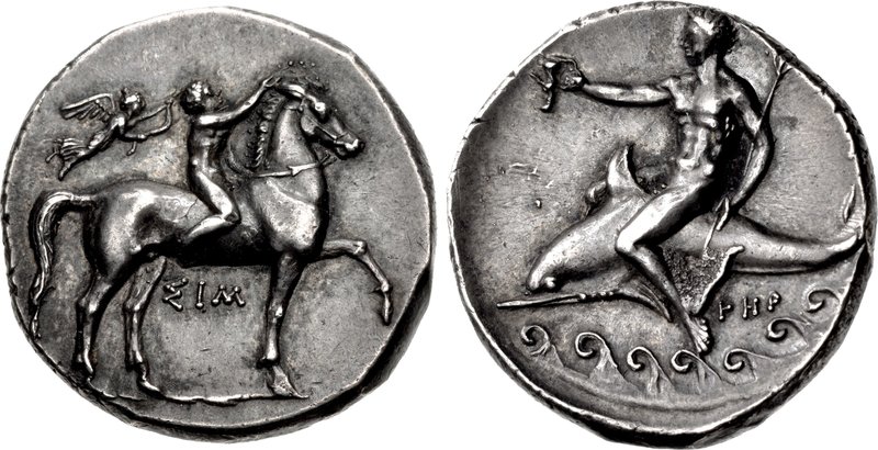 CALABRIA, Tarentum. Circa 330-325 BC. AR Nomos (21.5mm, 7.90 g, 2h). Nude youth on horse trotting