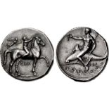 CALABRIA, Tarentum. Circa 330-325 BC. AR Nomos (21.5mm, 7.90 g, 2h). Nude youth on horse trotting