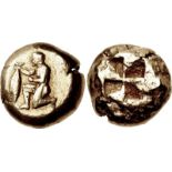 MYSIA, Kyzikos. Circa 550-450 BC. EL Stater (18mm, 16.11 g). Nude male kneeling left, holding in his