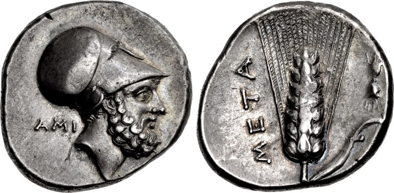 LUCANIA, Metapontion. Circa 340-330 BC. AR Nomos (21mm, 7.84 g, 10h). Head of Leukippos right,