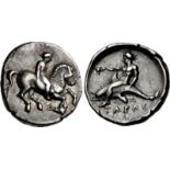 CALABRIA, Tarentum. Circa 365-355 BC. AR Nomos (21mm, 7.73 g, 3h). Nude youth on horse trotting
