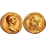 Trajan. AD 98-117. AV Aureus (19mm, 7.12 g, 7h). Restitution issue of Tiberius. Rome mint. Struck