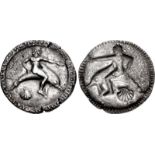 CALABRIA, Tarentum. Circa 510-500 BC. AR Nomos (24mm, 8.02 g, 12h). Phalanthos, nude, riding dolphin