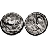 SICILY, Katane. Circa 461-450 BC. AR Tetradrachm (26mm, 17.31 g, 9h). River god Amenanos crouching
