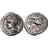 C. Coelius Caldus. 104 BC. AR Denarius (19mm, 3.94 g, 6h). Rome mint. Head of Roma left, wearing
