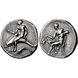 CALABRIA, Tarentum. Circa 430-425 BC. AR Nomos (20.5mm, 7.65 g, 2h). Phalanthos, nude, riding