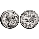 P. Fonteius P.f. Capito. 55 BC. AR Denarius (18mm, 3.97 g, 12h). Rome mint. Helmeted and draped bust