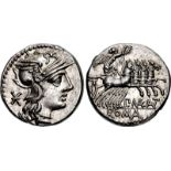 P. Maenius Antiaticus M.f. 132 BC. AR Denarius (18mm, 3.98 g, 12h). Rome mint. Head of Roma right,