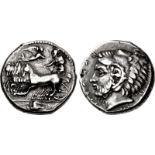 SICILY, Kamarina. Circa 425-405 BC. AR Tetradrachm (26mm, 17.39 g, 12h). Athena, holding reins in