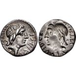 C. Malleolus, A. Albinus Sp.f., and L. Caecilius Metellus. 96 BC. AR Denarius (17mm, 3.95 g, 12h).