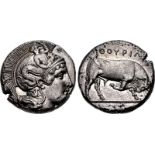 LUCANIA, Thourioi. Circa 350-300 BC. AR Double Nomos – Distater (23mm, 15.25 g, 2h). Head of