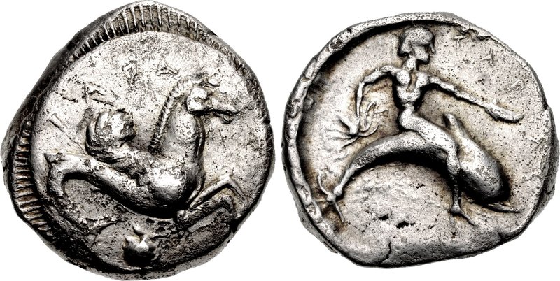 CALABRIA, Tarentum. Circa 490-480 BC. AR Nomos (18mm, 7.97 g, 9h). Phalanthos, nude, riding
