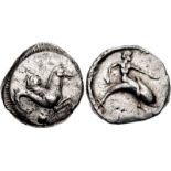 CALABRIA, Tarentum. Circa 490-480 BC. AR Nomos (18mm, 7.97 g, 9h). Phalanthos, nude, riding