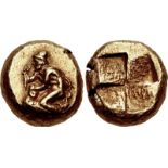 MYSIA, Kyzikos. Circa 450-330 BC. EL Hekte – Sixth Stater (9.5mm, 2.60 g). Bearded male, nude but