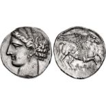 SICILY, Uncertain Punic mint. First Punic War. Circa 264-241 BC. AR 5 Shekels – Dekadrachm (40.