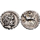 L. Volteius L.f. Strabo. 81 BC. AR Serrate Denarius (18mm, 3.88 g, 4h). Rome mint. Laureate head