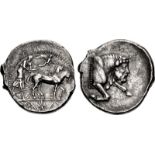 SICILY, Gela. Circa 450-440 BC. AR Tetradrachm (29mm, 16.45 g, 5h). Charioteer, holding kentron in
