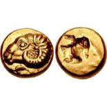 IONIA, Phokaia. Circa 521-478 BC. EL Hekte – Sixth Stater (10mm, 2.55 g). Head of ram left; below,