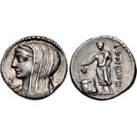 L. Cassius Longinus. 60 BC. AR Denarius (18mm, 3.97 g, 3h). Rome mint. Veiled and draped bust of