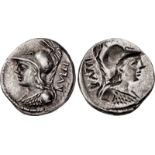 P. Servilius M.f. Rullus. 100 BC. AR Denarius (19mm, 3.97 g). Brockage strike. Rome mint. Helmeted