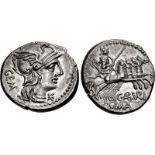 C. Aburius Geminus. 134 BC. AR Denarius (20mm, 3.95 g, 9h). Rome mint. Head of Roma right, wearing