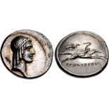 C. Piso L.f. Frugi. 61 BC. AR Denarius (18mm, 3.94 g, 6h). Rome mint. Head of Apollo right,