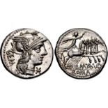 M. Aburius M.f. Geminus. 132 BC. AR Denarius (19mm, 3.96 g, 3h). Rome mint. Head of Roma right,