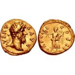 Lucius Verus. AD 161-169. AV Quinarius (14mm, 3.59 g, 6h). Rome mint. Struck AD 168. L VERV S AVG,