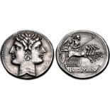 Anonymous. Circa 225-214 BC. AR Didrachm – Quadrigatus (22mm, 6.62 g, 6h). Rome mint. Laureate